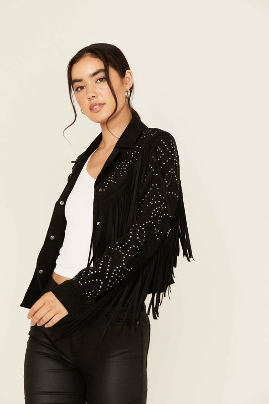 Blair Fringe and Studded Faux Suede Snap Jacket
