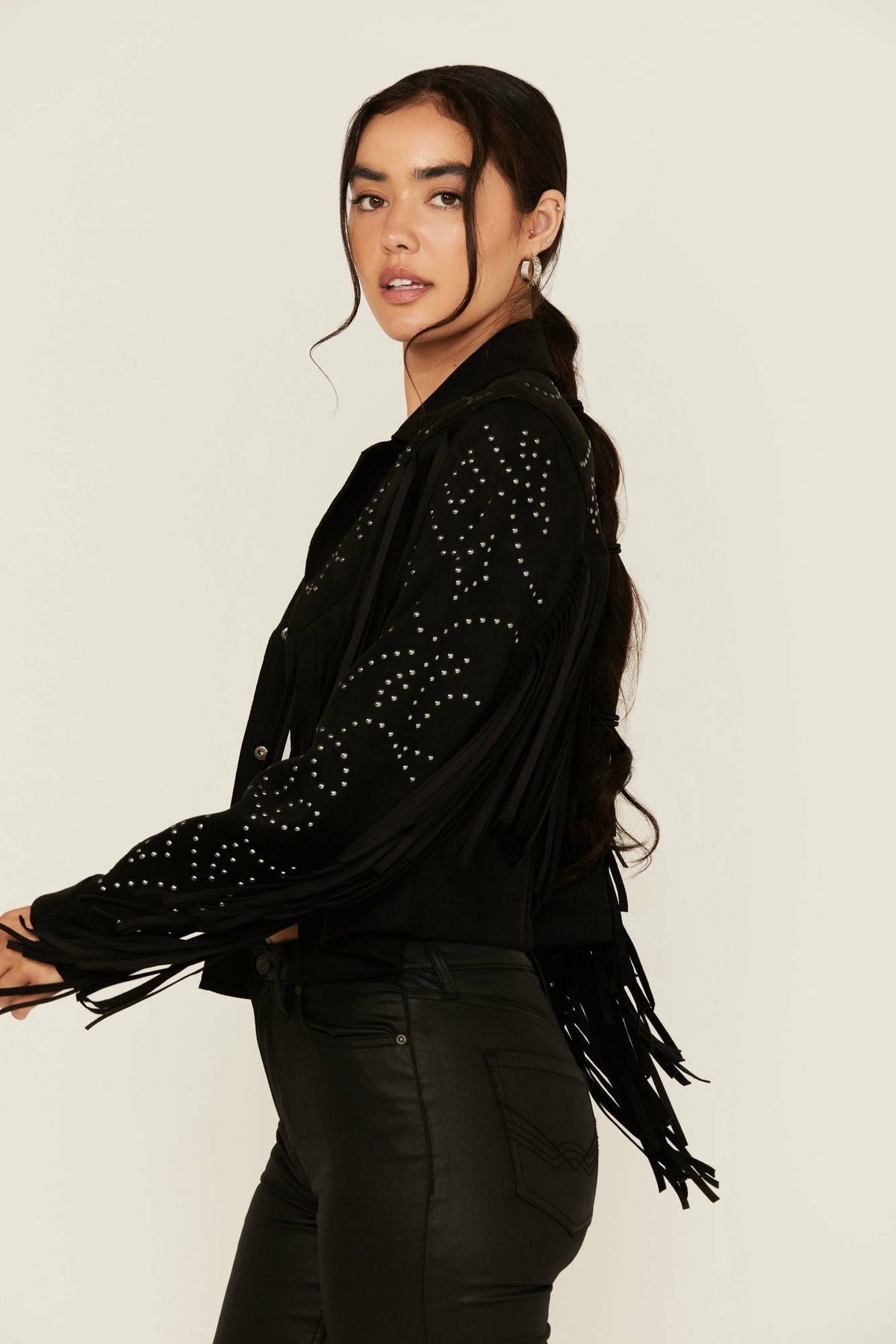 Blair Fringe and Studded Faux Suede Snap Jacket