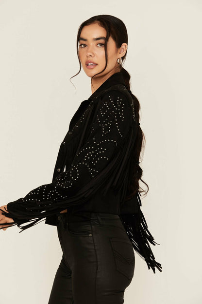 Blair Fringe and Studded Faux Suede Snap Jacket