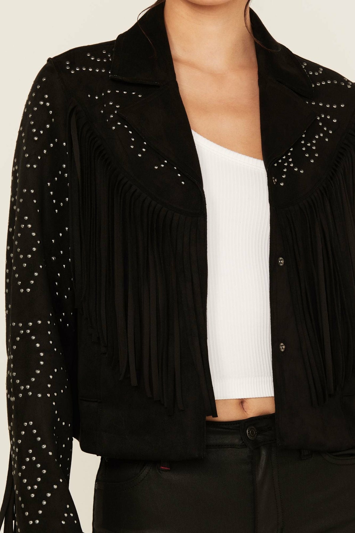 Blair Fringe and Studded Faux Suede Snap Jacket
