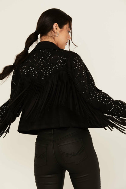 Blair Fringe and Studded Faux Suede Snap Jacket