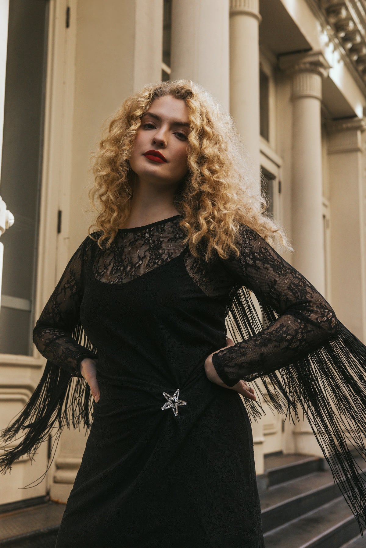 Melvin Lace Fringe Long Sleeve Mini Dress