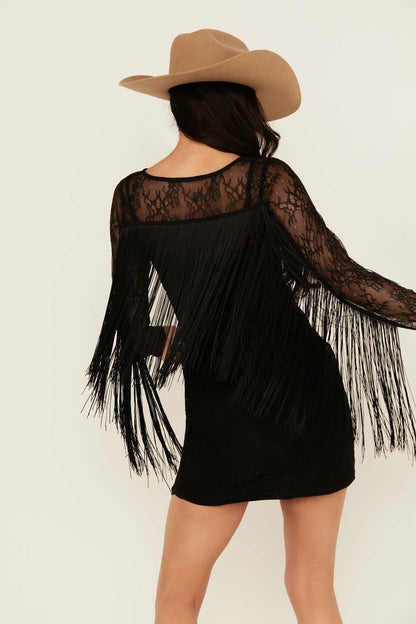 Melvin Lace Fringe Long Sleeve Mini Dress