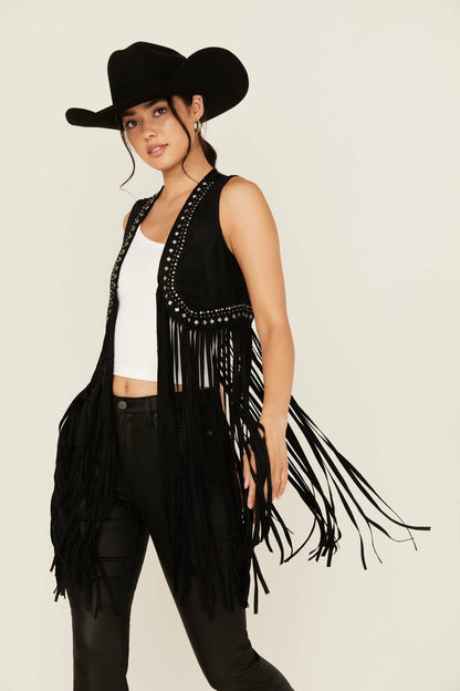 Walnut Studded Fringe Faux Suede Vest