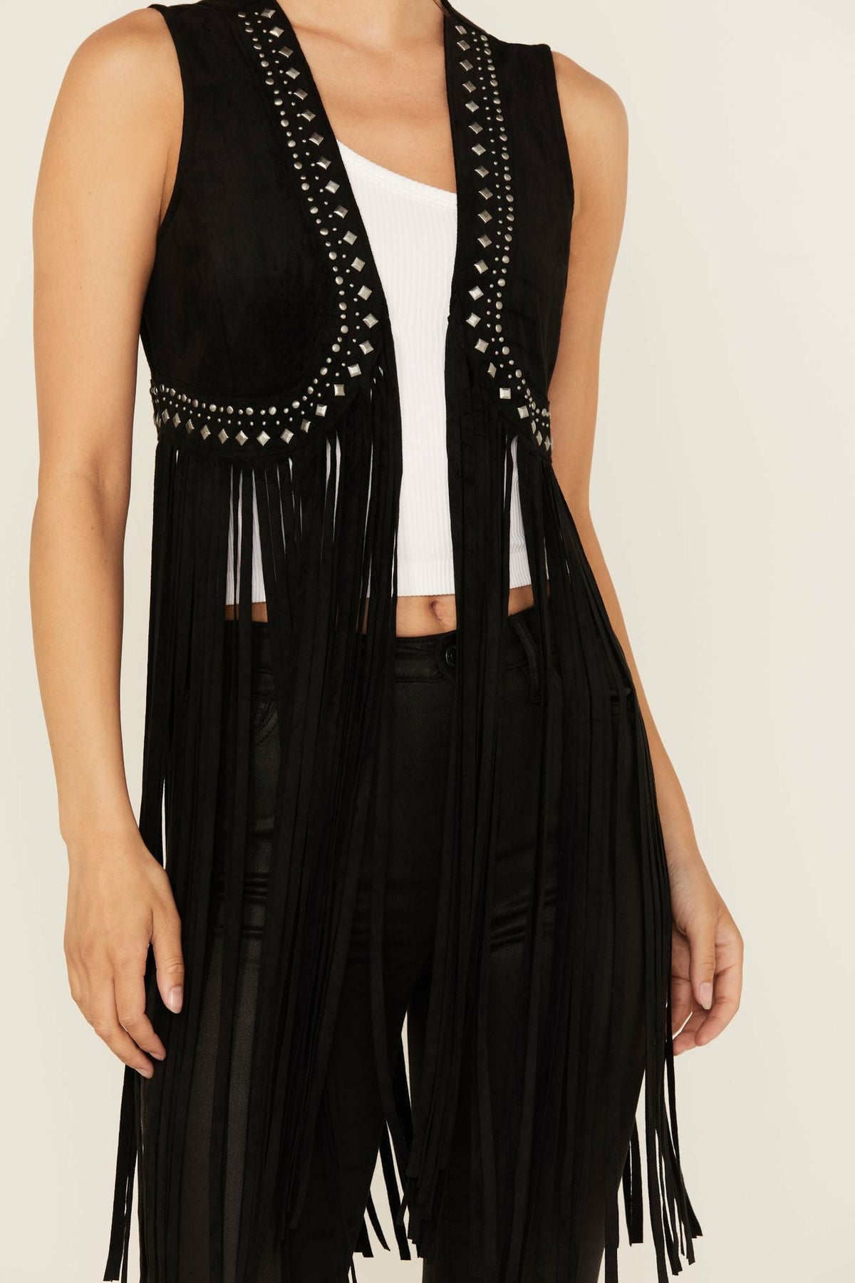 Walnut Studded Fringe Faux Suede Vest