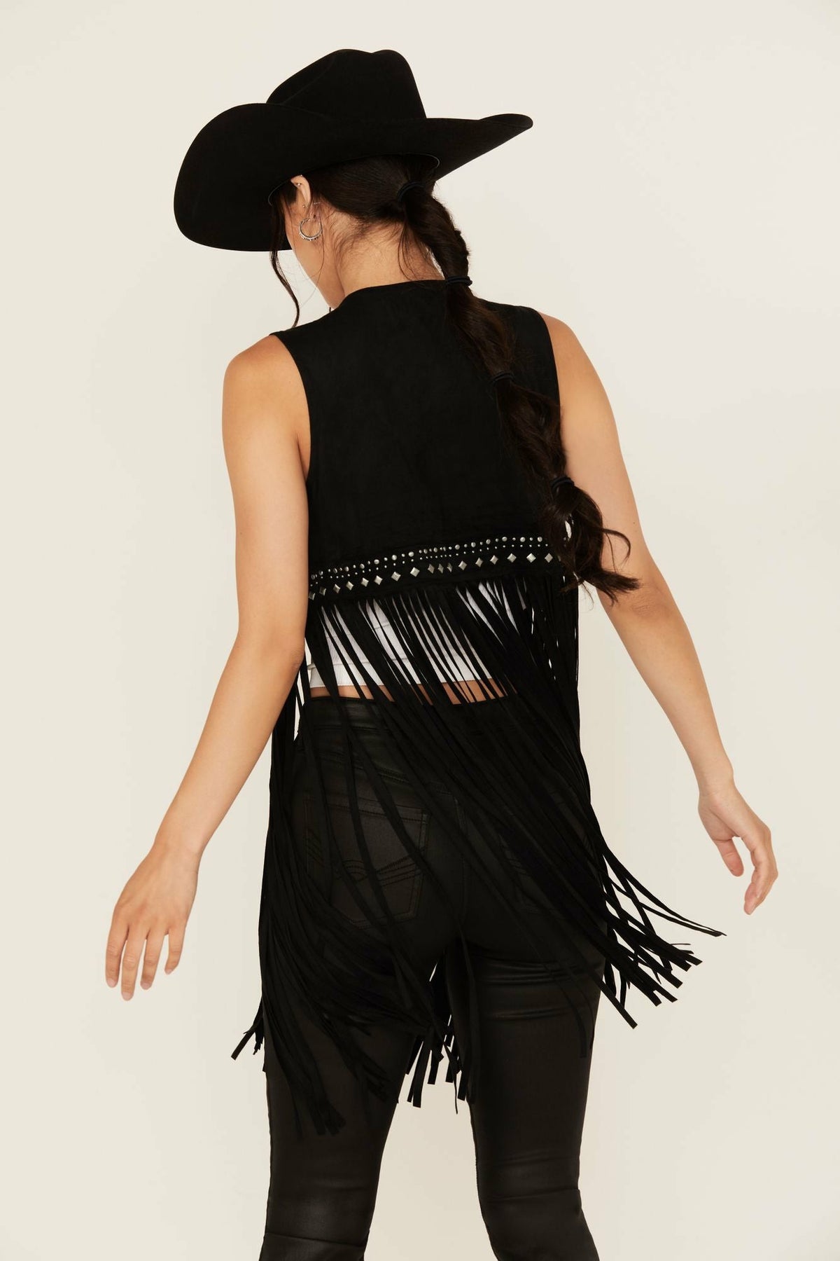 Walnut Studded Fringe Faux Suede Vest
