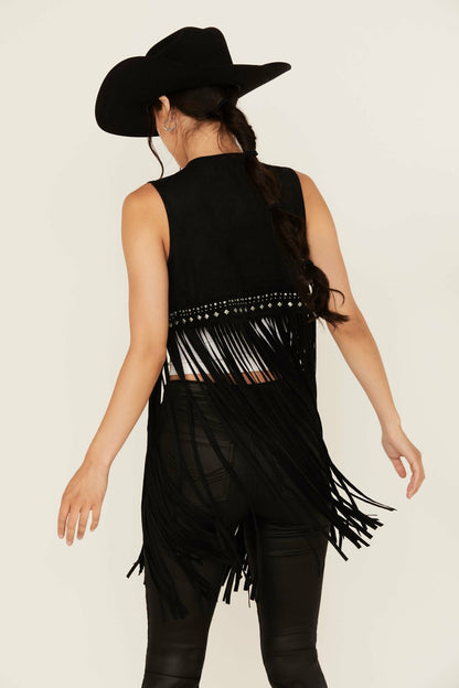 Walnut Studded Fringe Faux Suede Vest