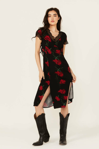 Rosely Floral Print Lace Trim Midi Dress