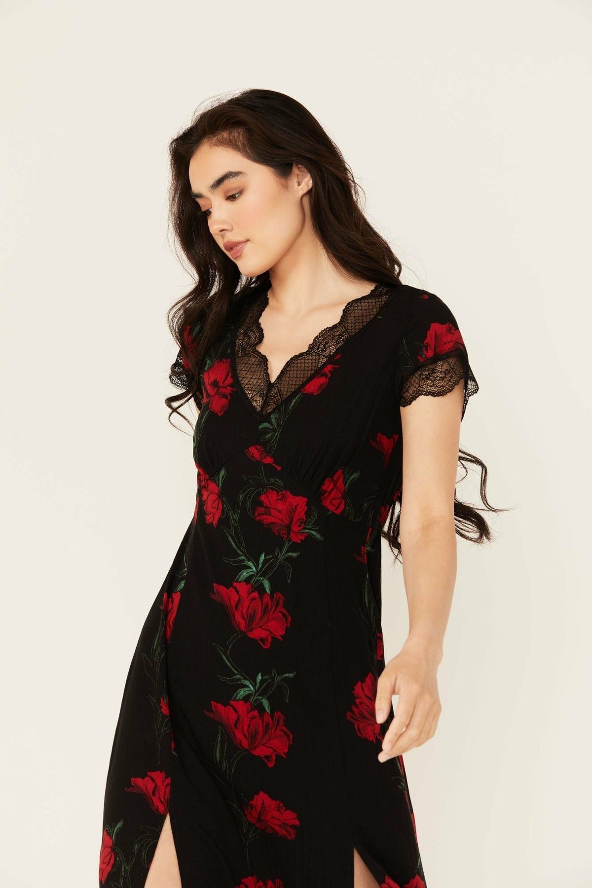 Rosely Floral Print Lace Trim Midi Dress