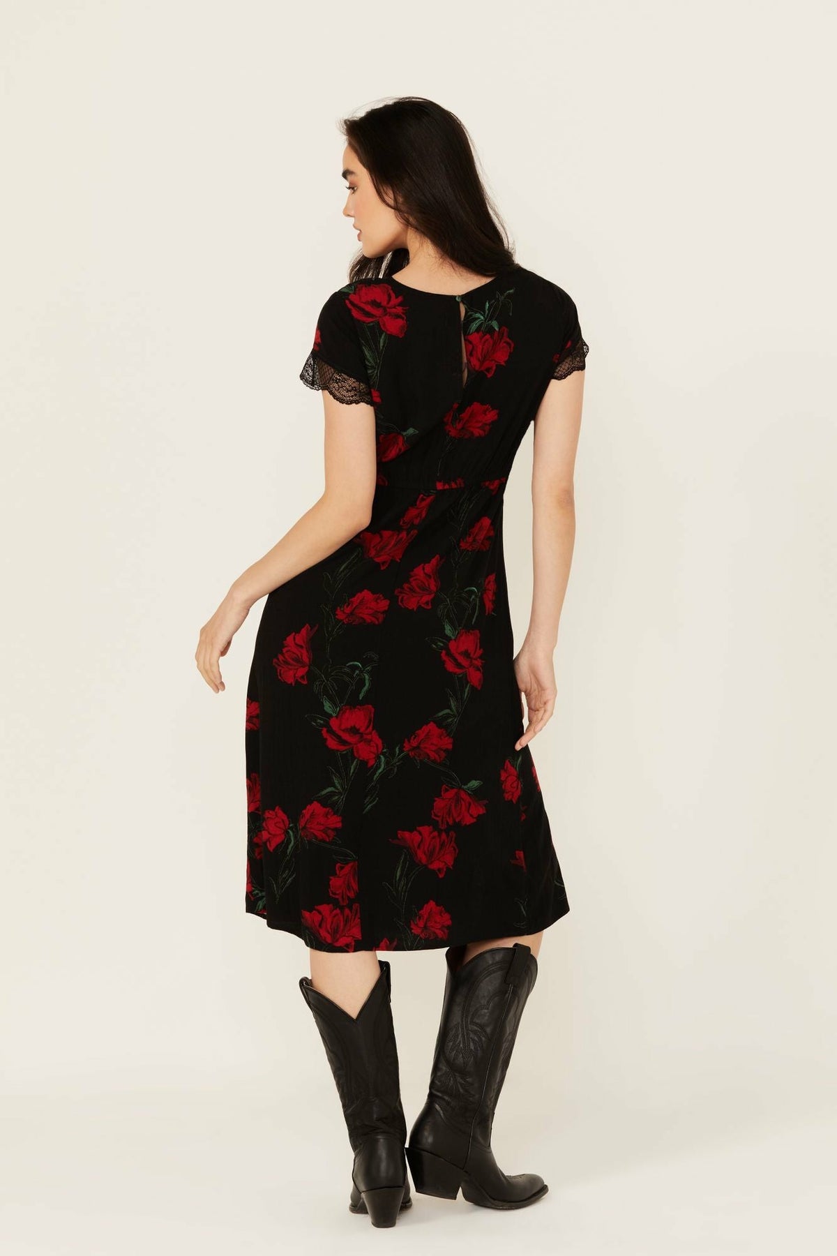 Rosely Floral Print Lace Trim Midi Dress