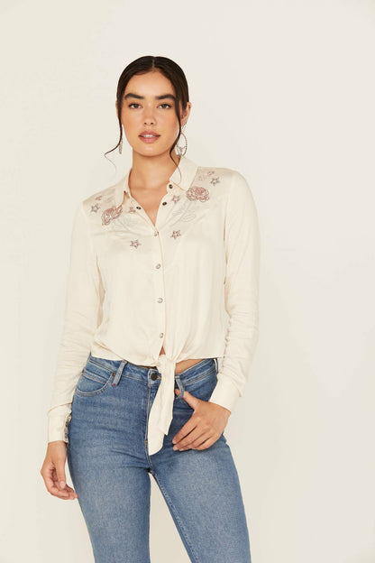 Jessamin Embellished Long Sleeve Tie-Front Snap Western Shirt