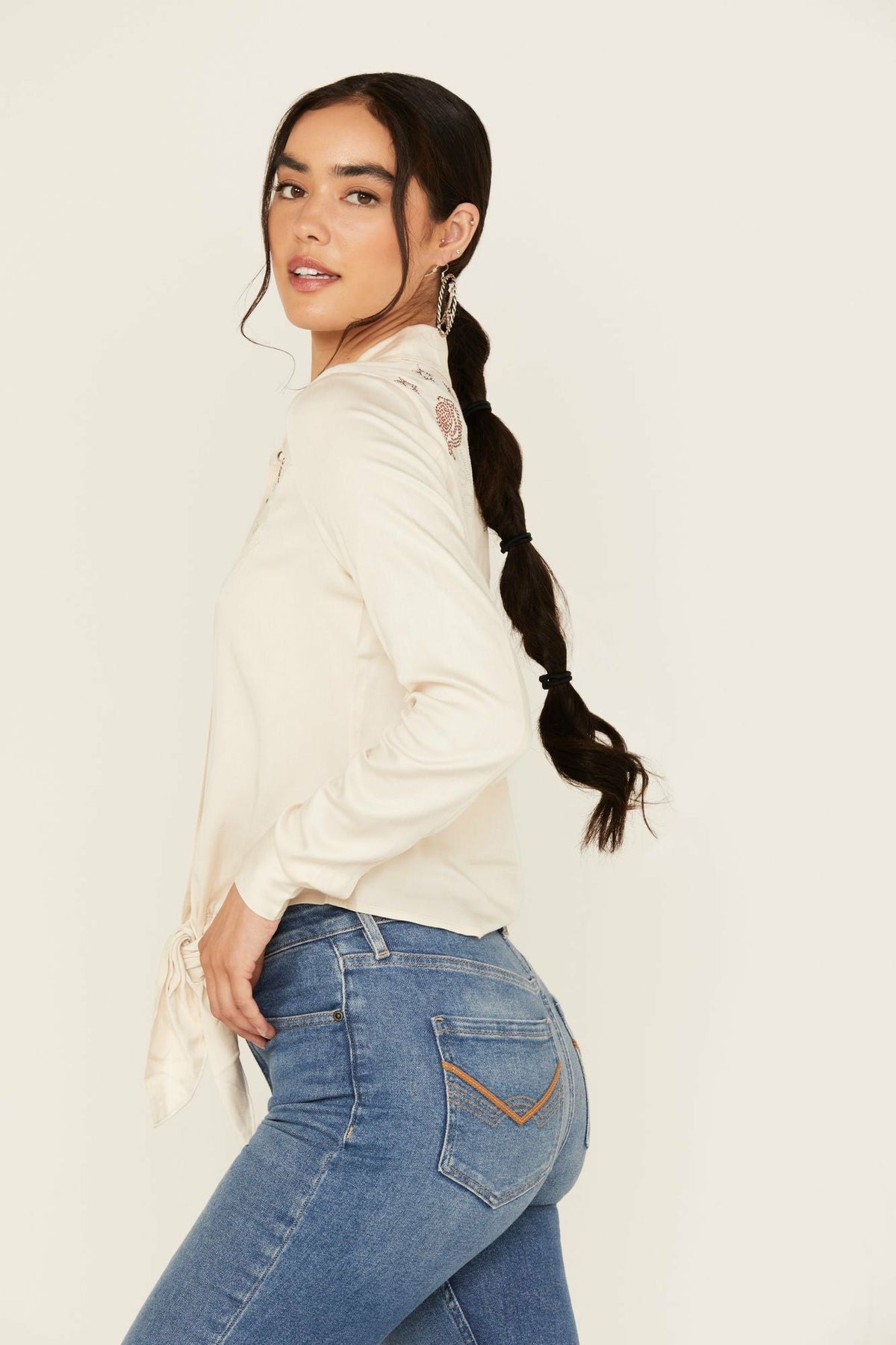 Jessamin Embellished Long Sleeve Tie-Front Snap Western Shirt