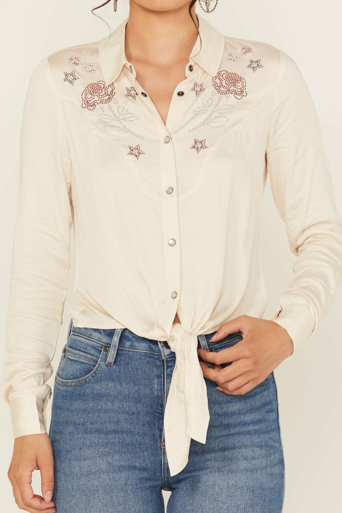 Jessamin Embellished Long Sleeve Tie-Front Snap Western Shirt