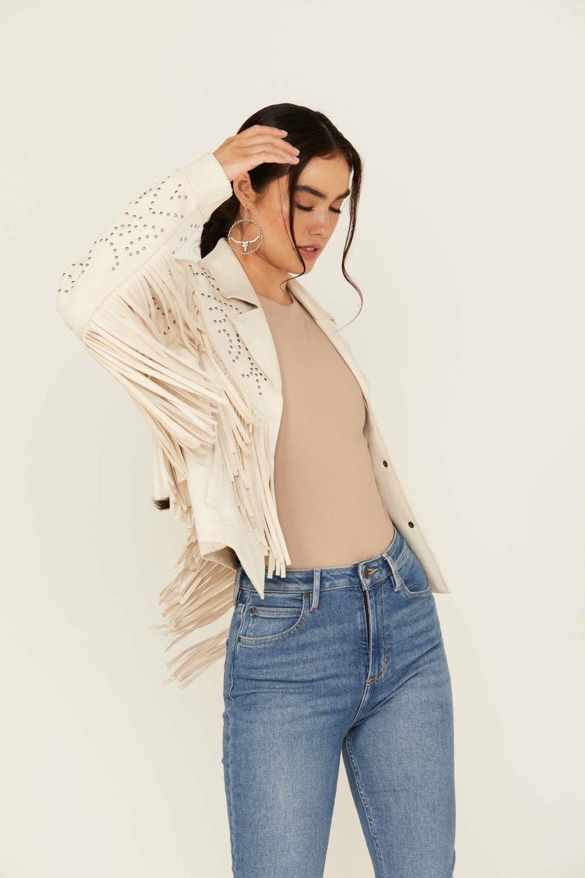 Blair Fringe and Studded Faux Suede Snap Jacket
