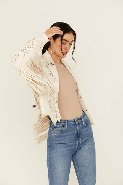 Blair Fringe and Studded Faux Suede Snap Jacket