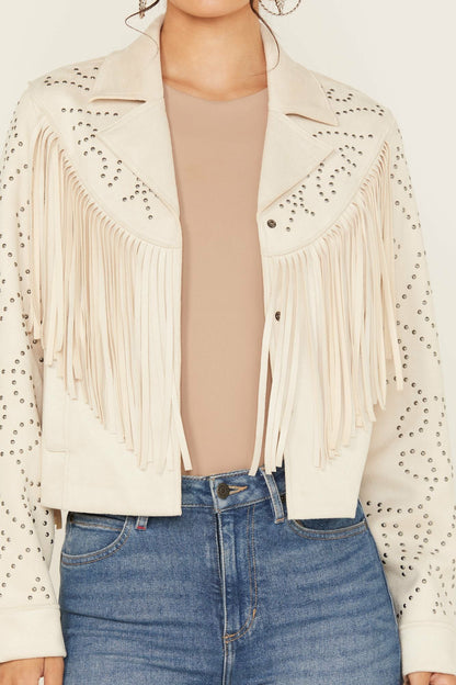 Blair Fringe and Studded Faux Suede Snap Jacket