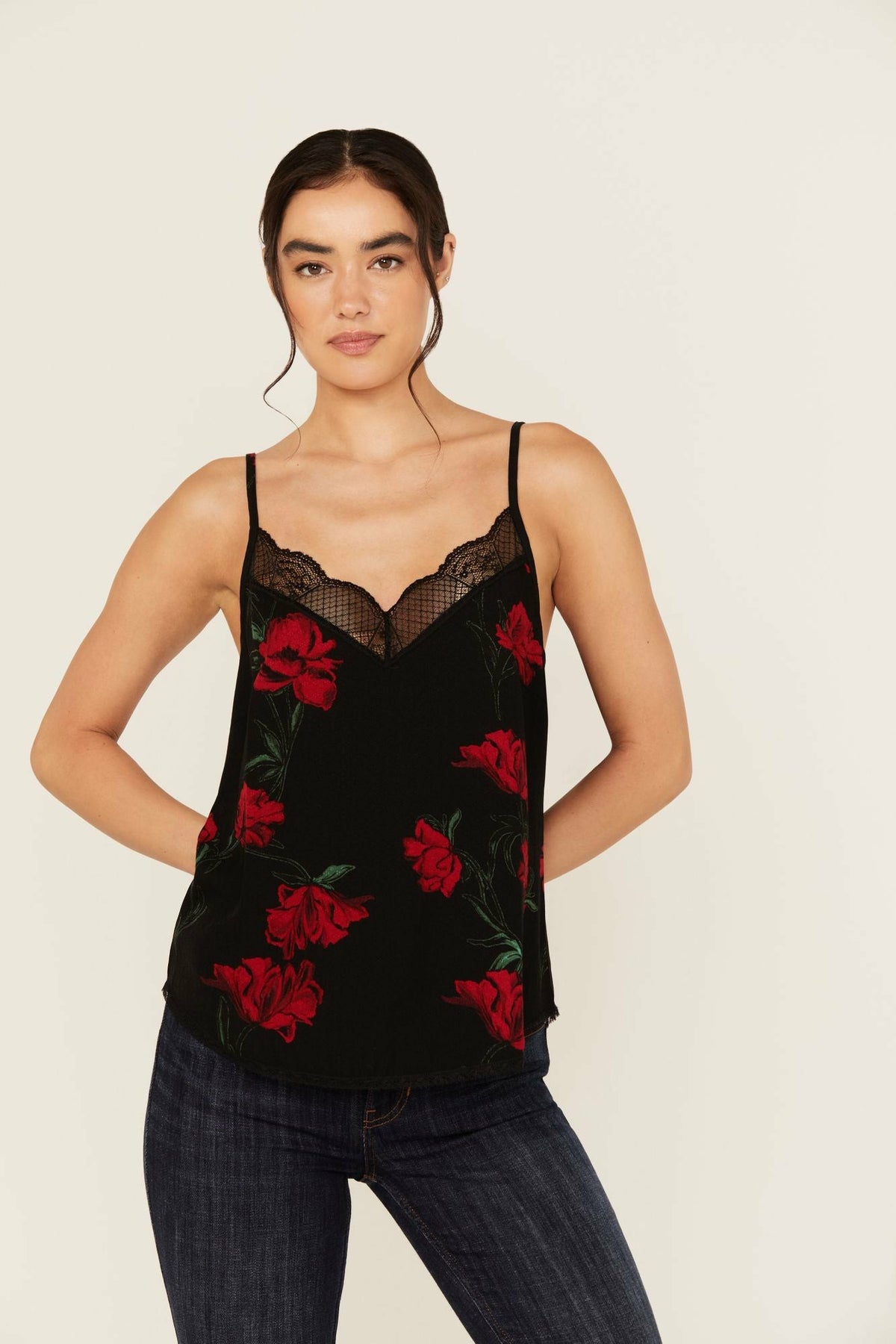 Chase Floral Print Lace Trim Cami Tank
