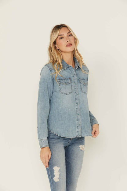 Medium Wash Long Sleeve Snap Denim Shirt