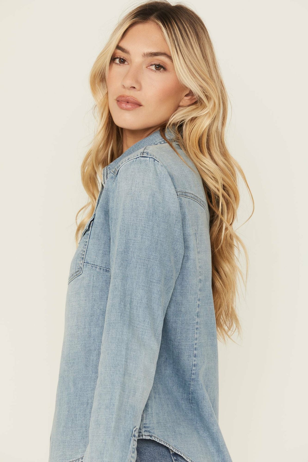 Medium Wash Long Sleeve Snap Denim Shirt
