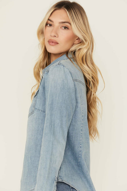 Medium Wash Long Sleeve Snap Denim Shirt