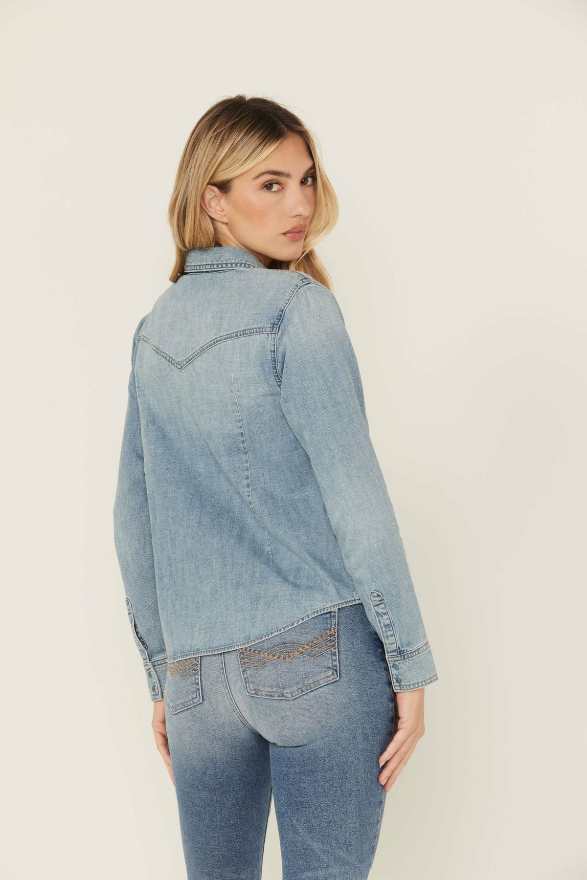 Medium Wash Long Sleeve Snap Denim Shirt