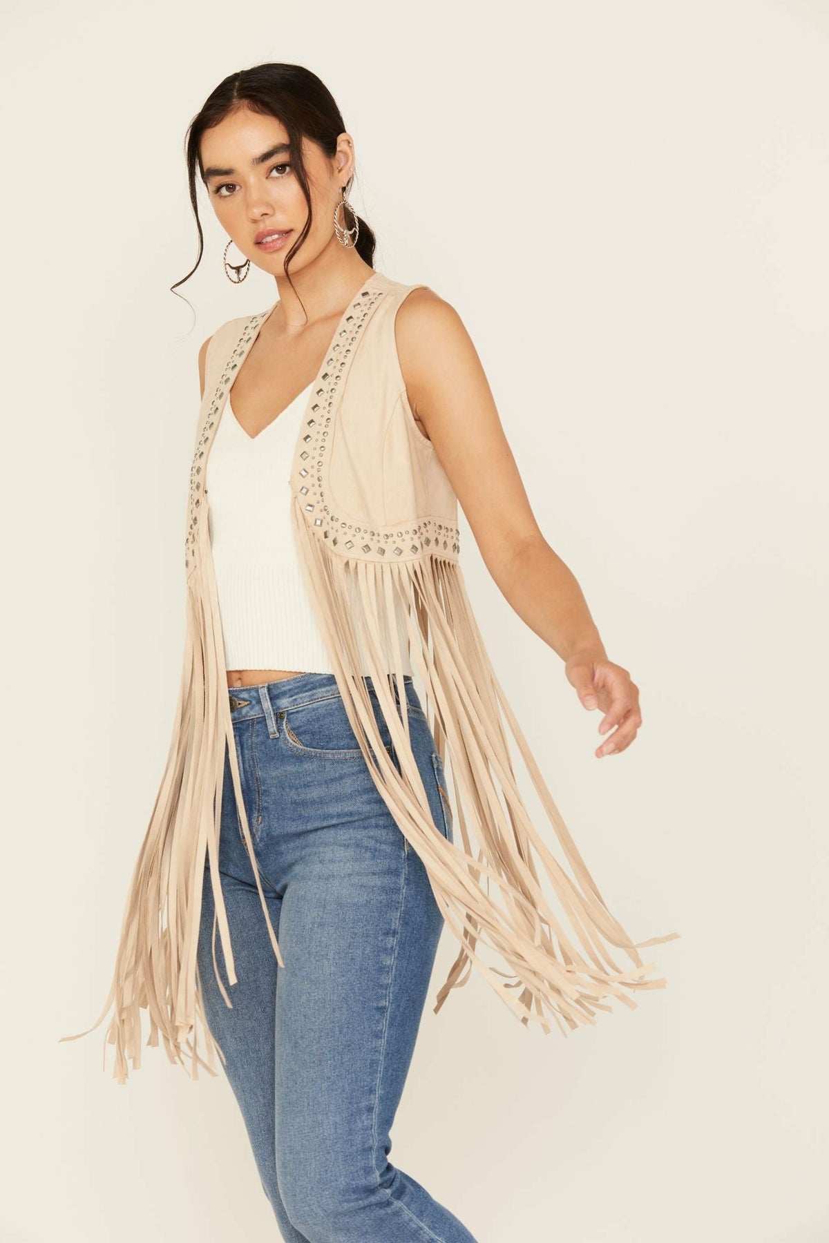 Walnut Studded Fringe Faux Suede Vest