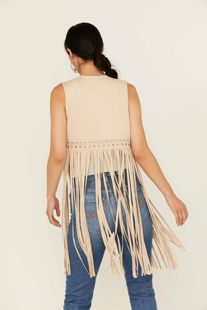 Walnut Studded Fringe Faux Suede Vest