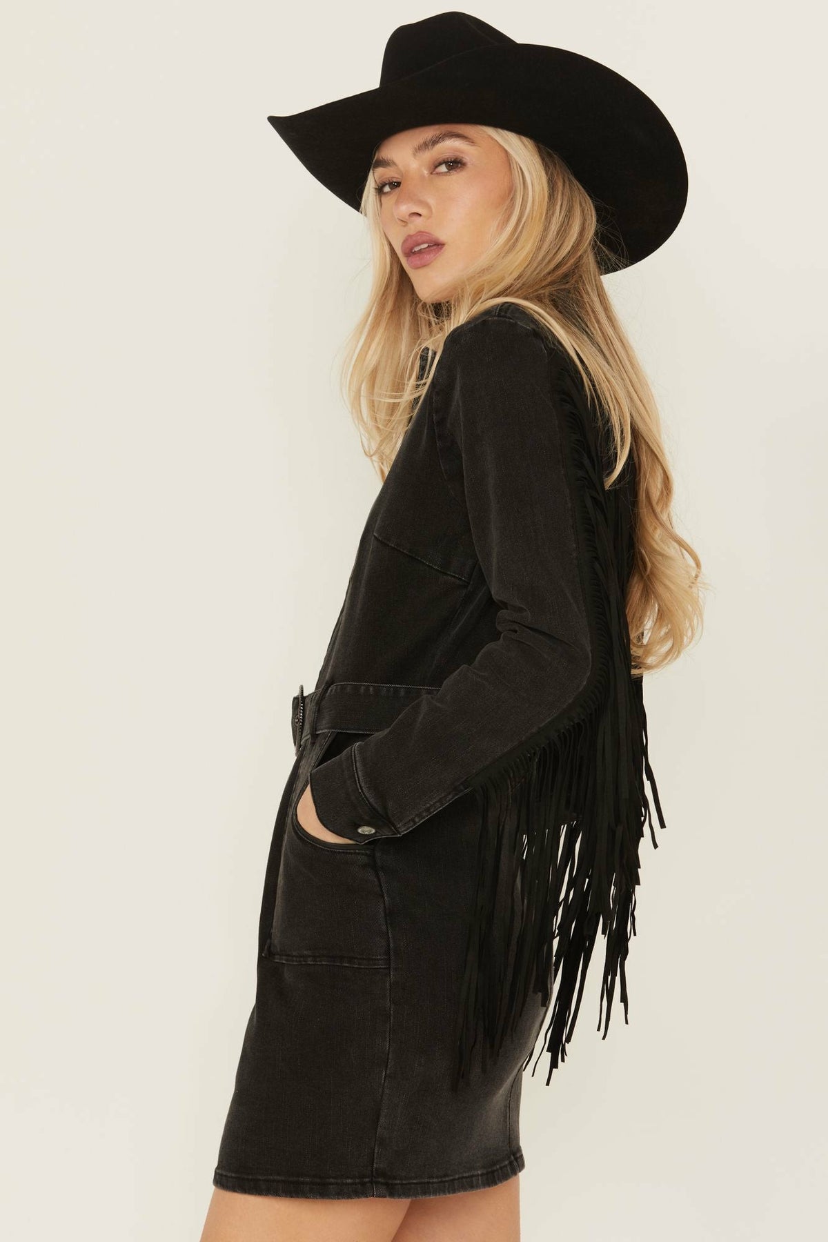 Fringe Long Sleeve Stretch Denim Mini Dress