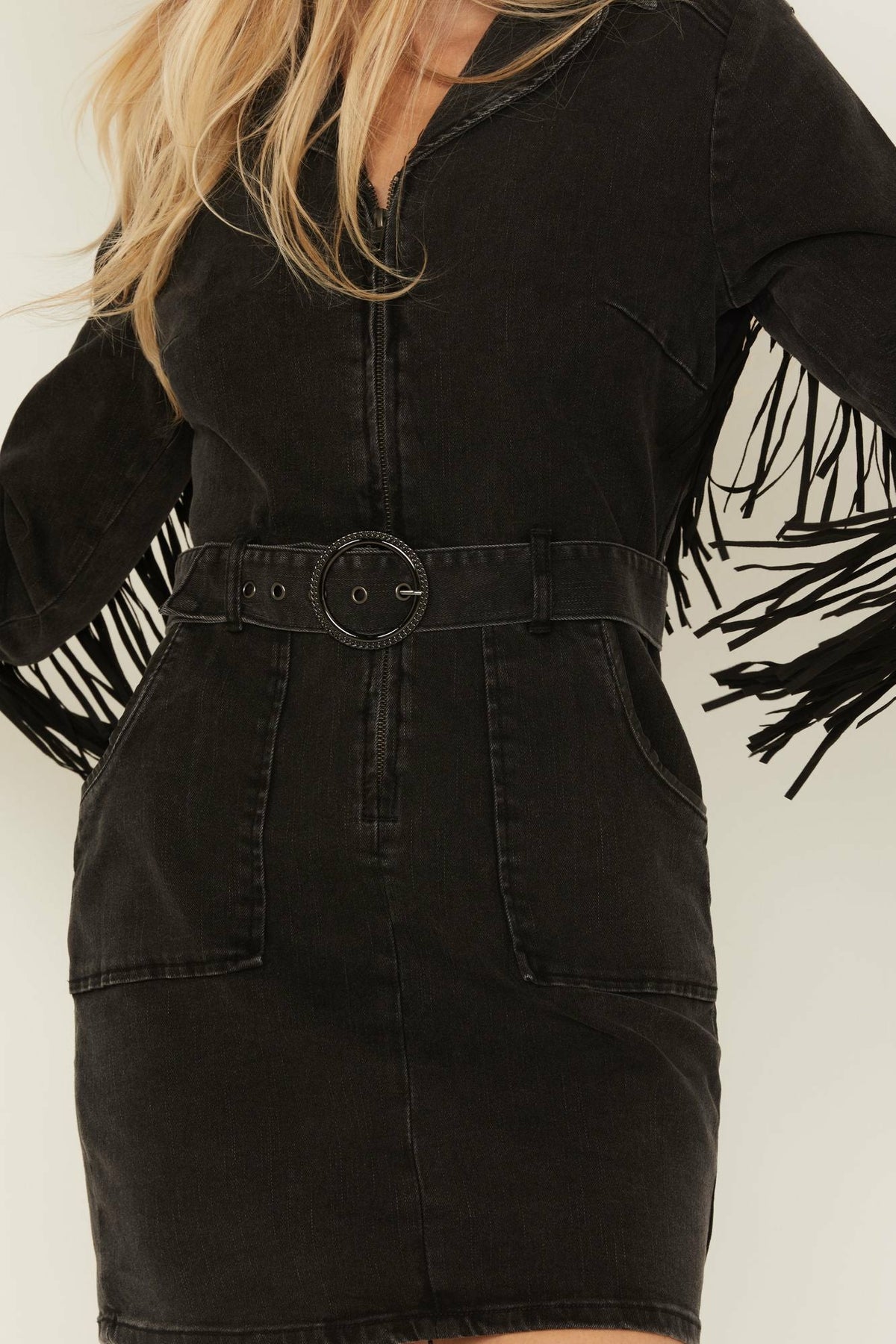 Fringe Long Sleeve Stretch Denim Mini Dress