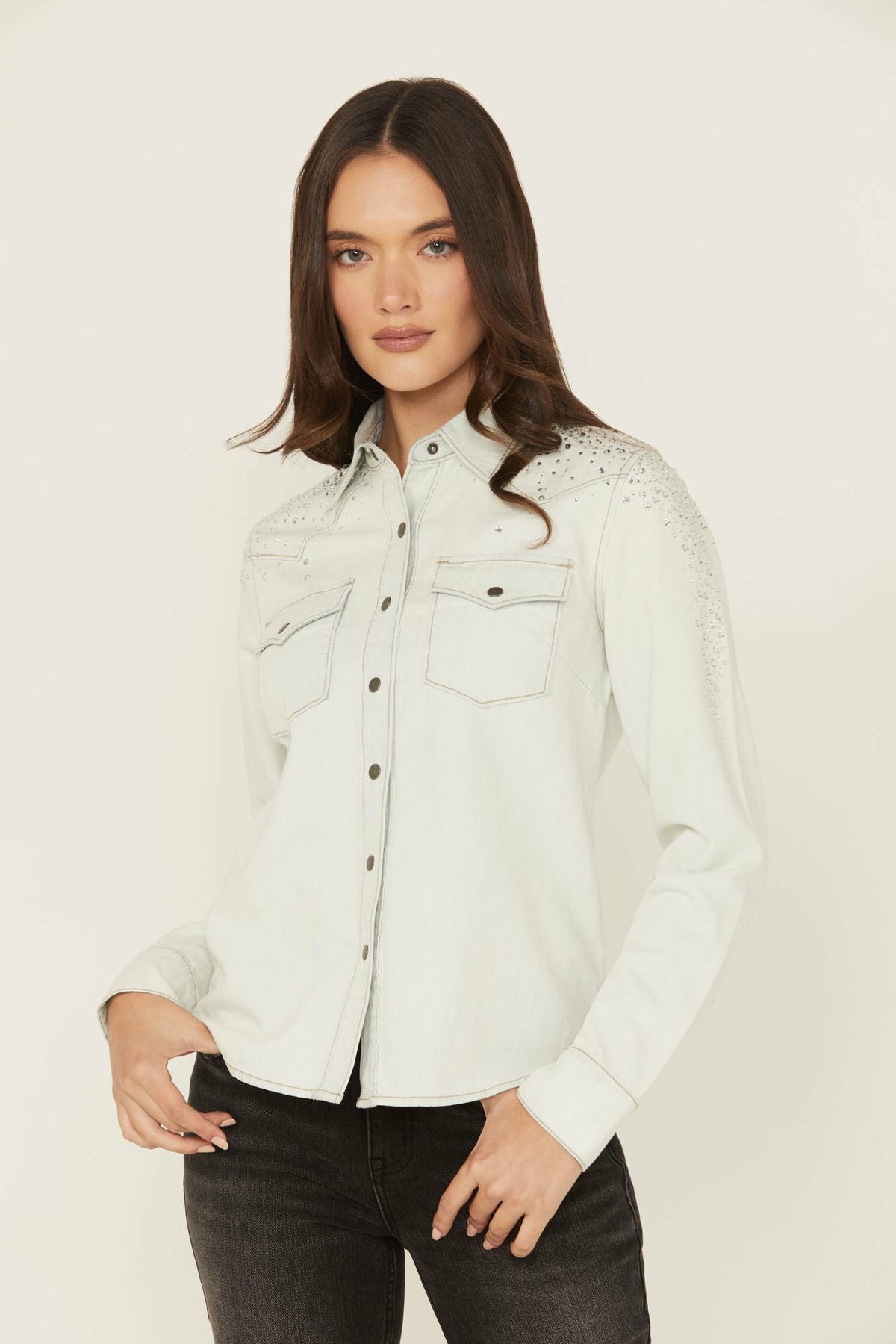 Embellished Light Wash Long Sleeve Snap Denim Shirt