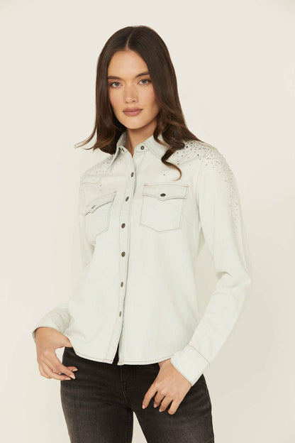 Embellished Light Wash Long Sleeve Snap Denim Shirt