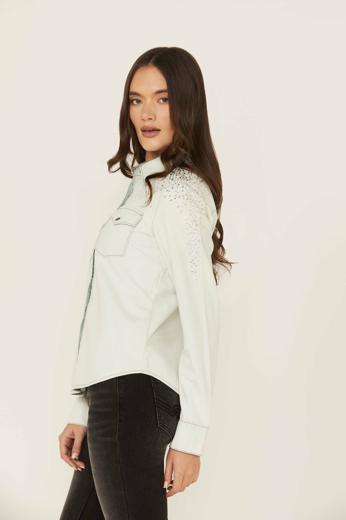 Embellished Light Wash Long Sleeve Snap Denim Shirt