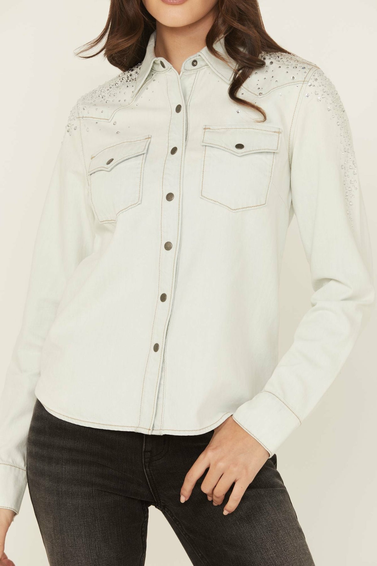 Embellished Light Wash Long Sleeve Snap Denim Shirt