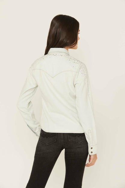 Embellished Light Wash Long Sleeve Snap Denim Shirt