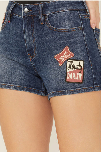 Ellwood Patch Dark Wash High Rise Stretch Denim Shorts