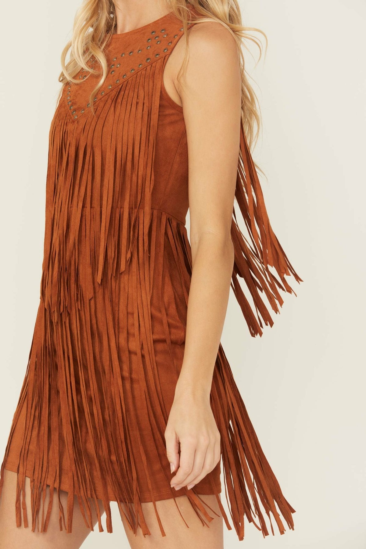 Garland Studded Fringe Faux Suede Sleeveless Mini Dress