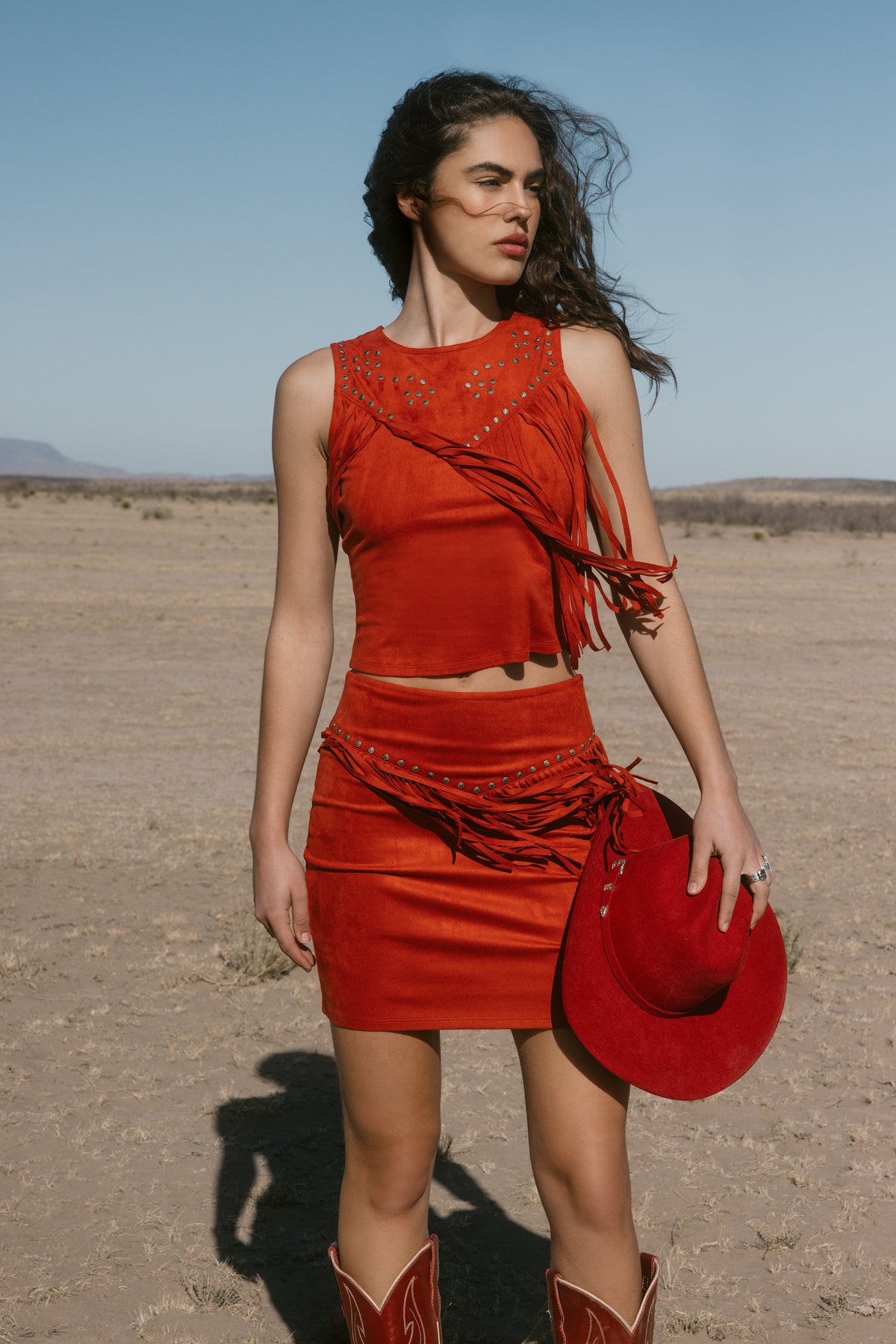 Wylie Studded Fringe Faux Suede Sleeveless Shirt