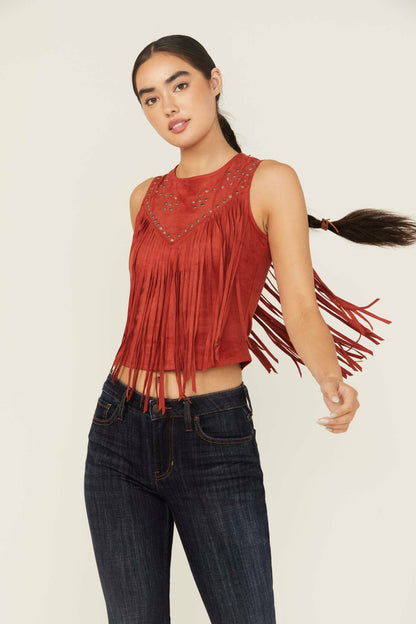 Wylie Studded Fringe Faux Suede Sleeveless Shirt