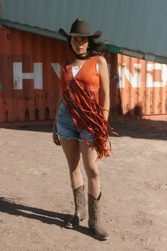 Walnut Studded Faux Suede Fringe Vest