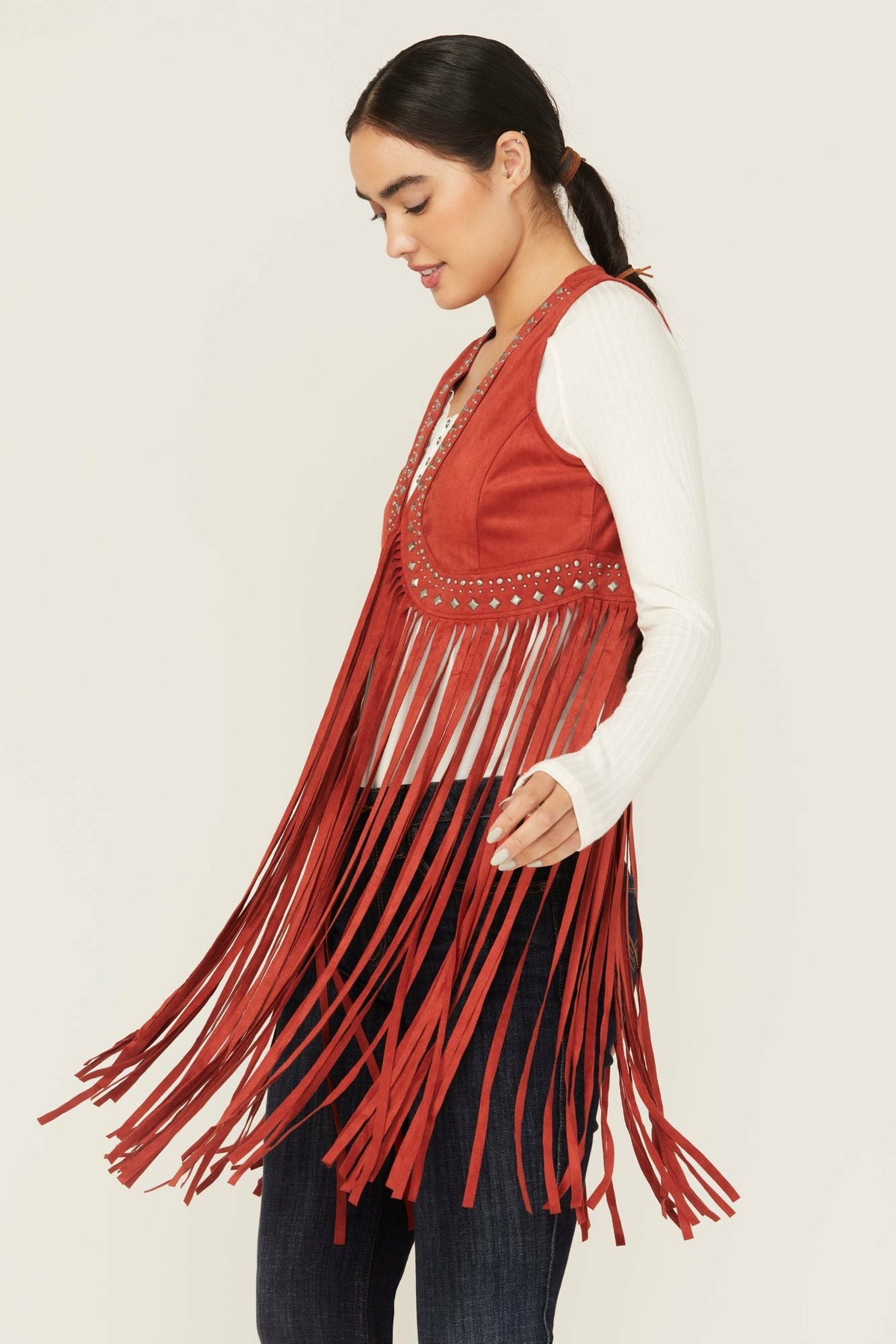 Walnut Studded Faux Suede Fringe Vest