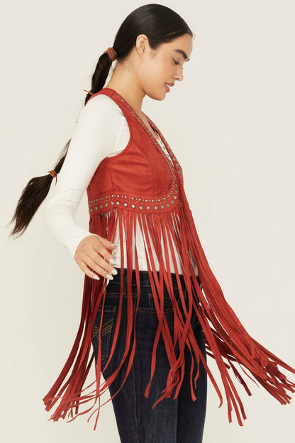 Walnut Studded Faux Suede Fringe Vest