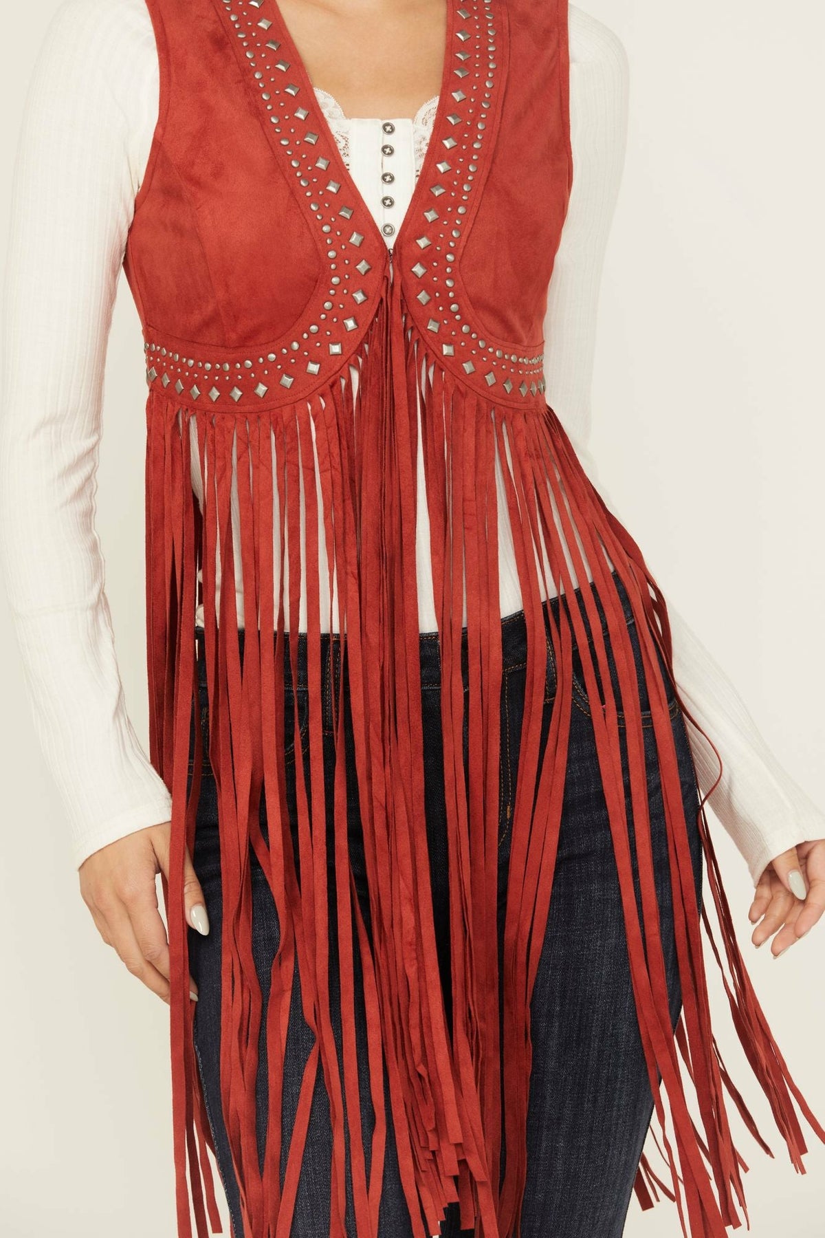 Walnut Studded Faux Suede Fringe Vest