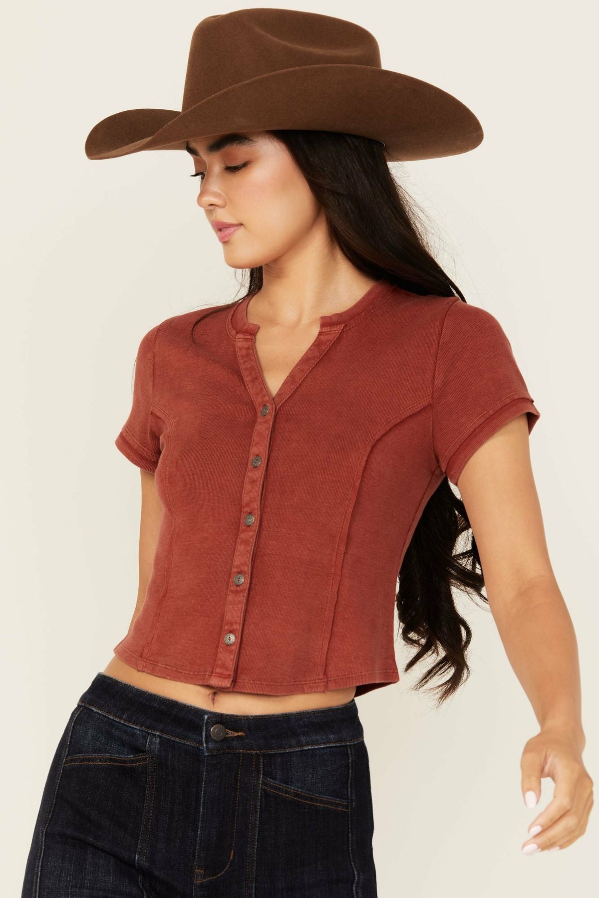 Solid Short Sleeve Button-Down Cropped Tee