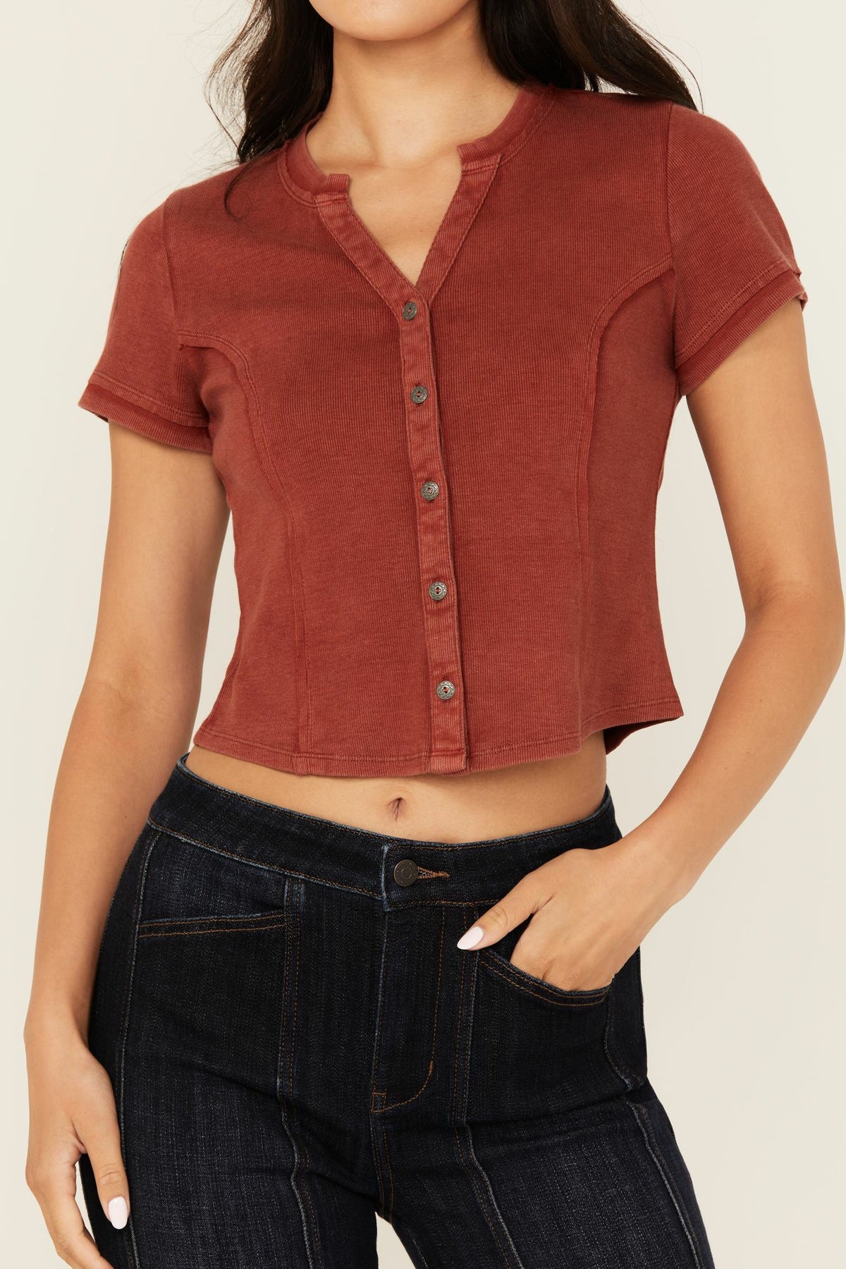 Solid Short Sleeve Button-Down Cropped Tee