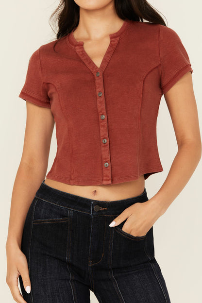 Solid Short Sleeve Button-Down Cropped Tee