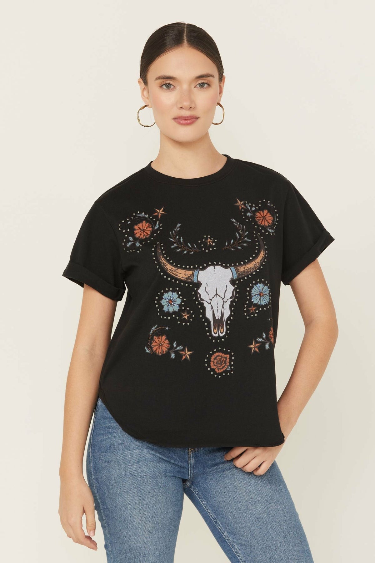 Studded Bull Skull Short Sleeve Graphic Tee
