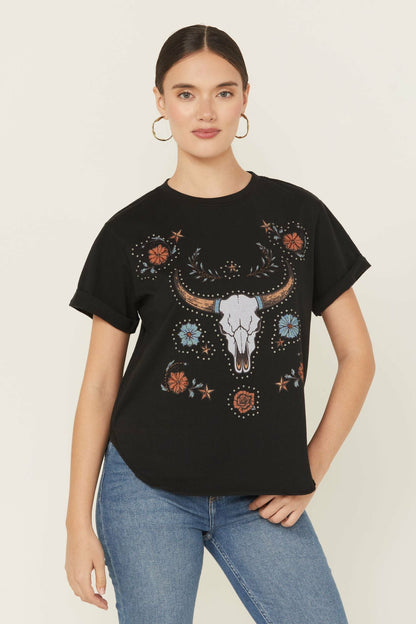 Studded Bull Skull Short Sleeve Graphic Tee