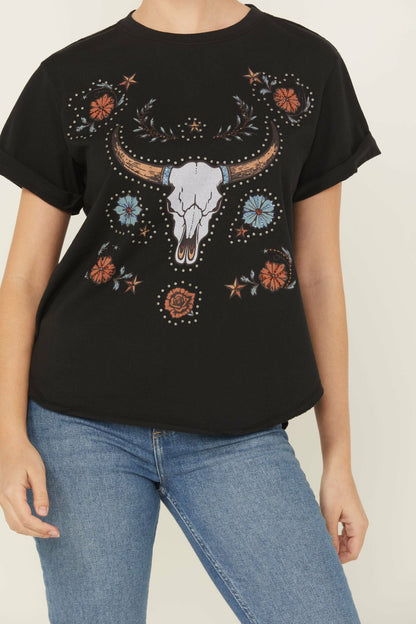 Studded Bull Skull Short Sleeve Graphic Tee