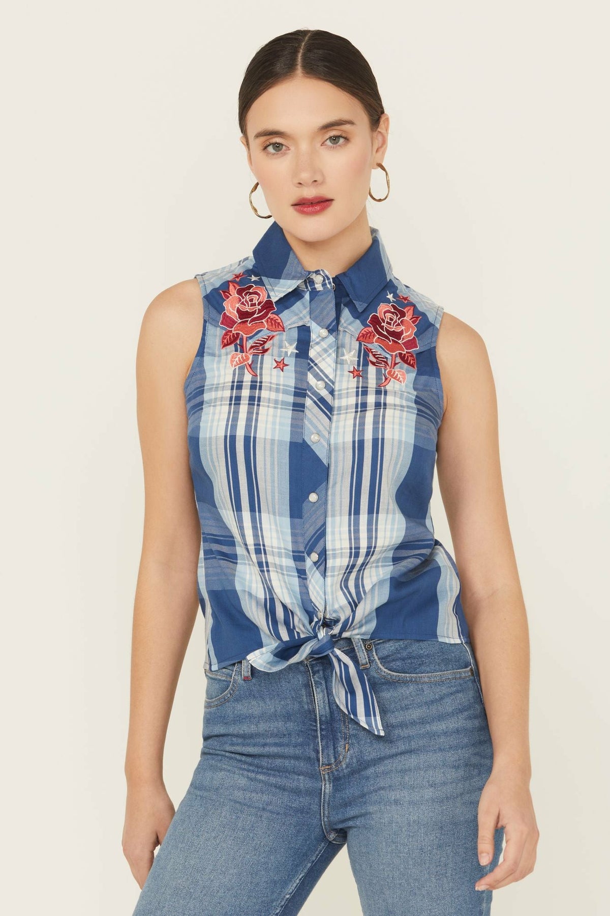 Plaid Print Embroidered Front Sleeveless Snap Western Shirt