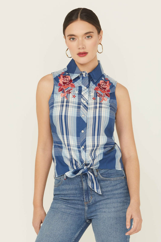 Plaid Print Embroidered Front Sleeveless Snap Western Shirt